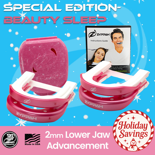 Pink dental device with 'Zyphah' branding on a blue background with snowflakes, featuring text about 'Special Edition Beauty Sleep' and 'Holiday Savings'.